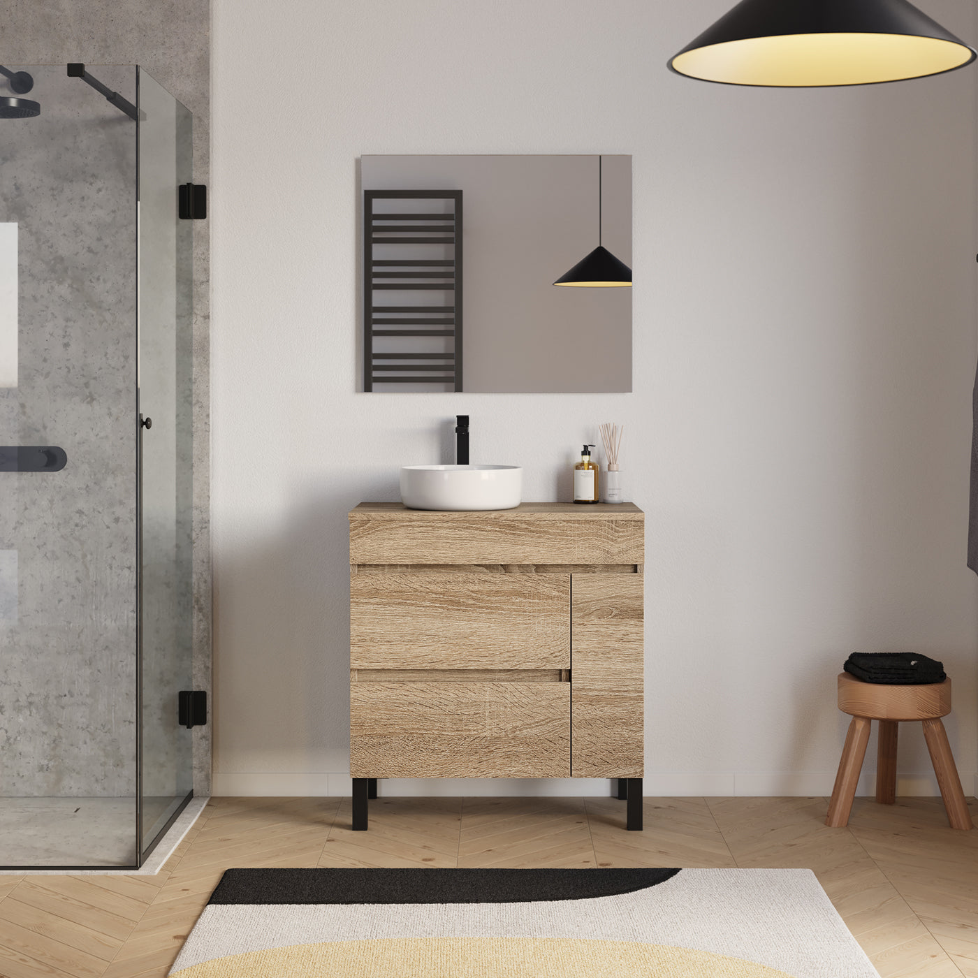 Ensemble Meuble salle de bain LAZARO 80cm cambrian avec vasque gauche ares miroir