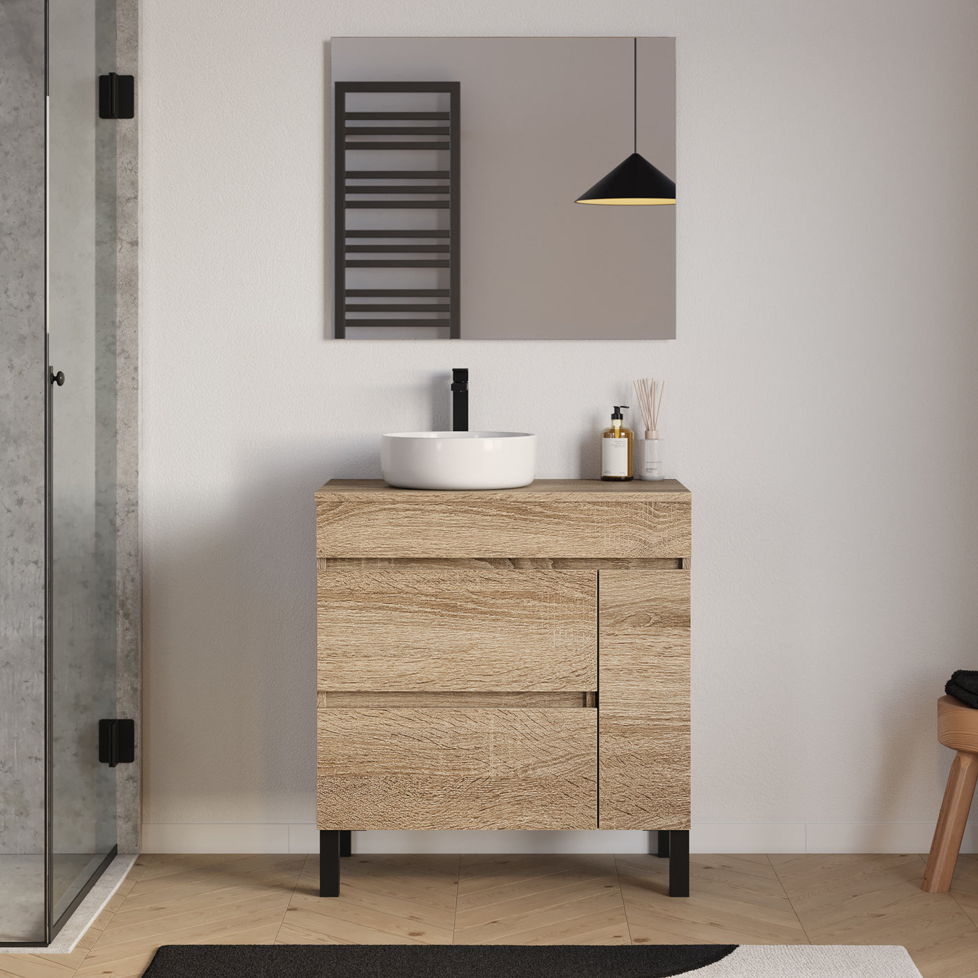 Meuble salle de bain LAZARO 80cm cambrian avec vasque gauche ares miroir