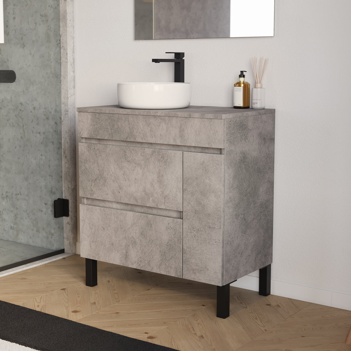 Meuble salle de bain LAZARO 80cm ciment vasque ares gauche vue profil