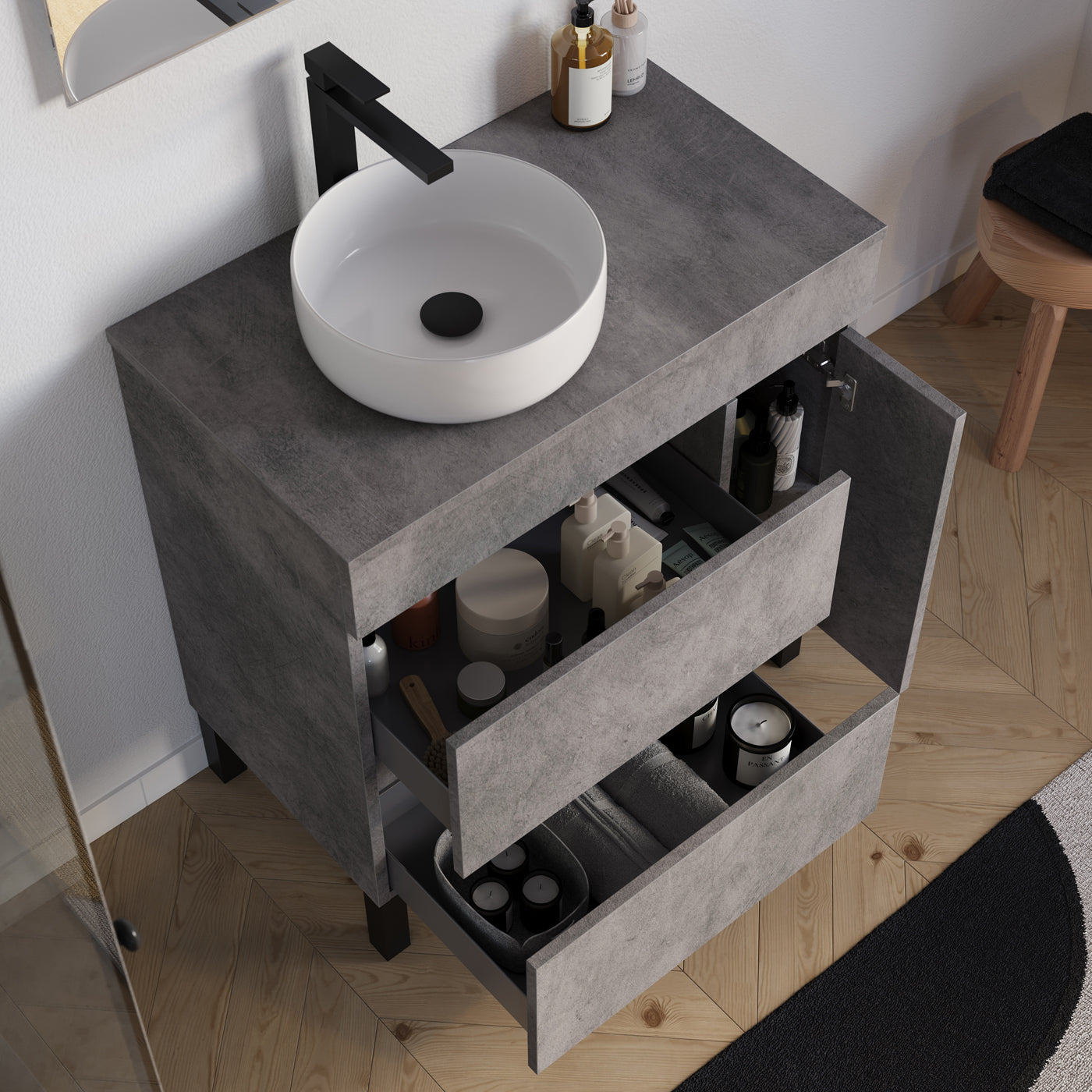 Meuble salle de bain LAZARO 80cm ciment vasque zeus gauche vue dessus