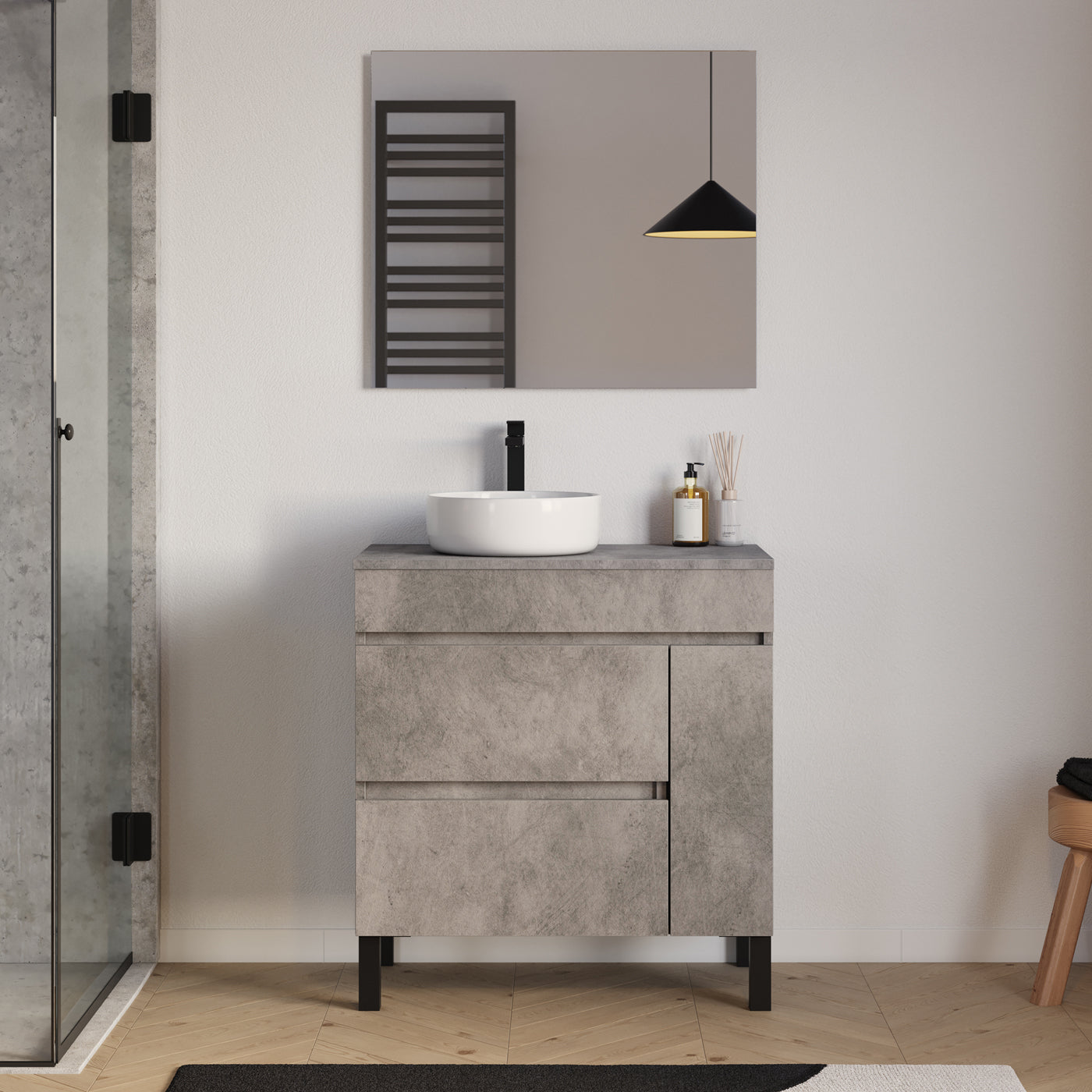Meuble salle de bain LAZARO 80cm ciment avec vasque gauche ares miroir
