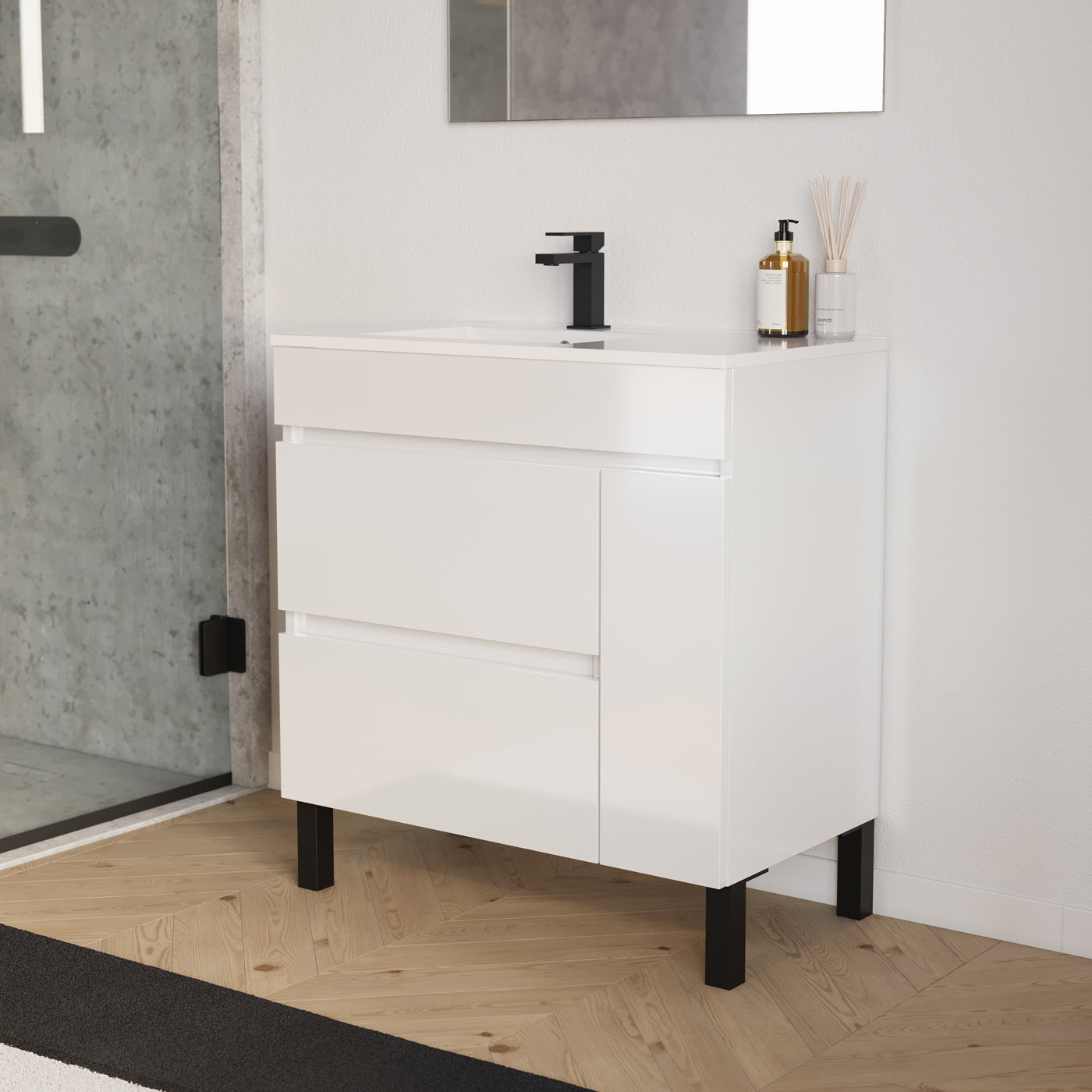 Meuble salle de bain LAZARO 80cm blanc vasque gauche vue profil