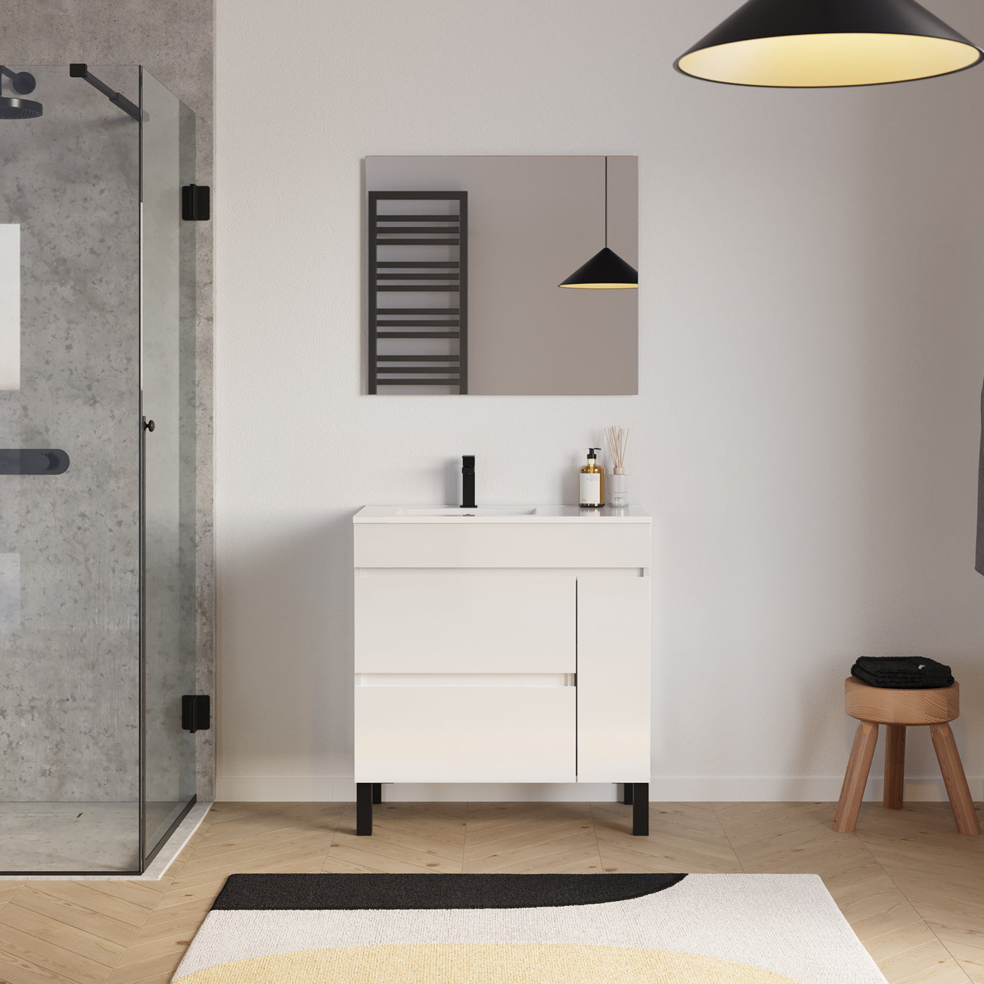 Scène Meuble salle de bain LAZARO 80cm blanc vasque gauche
