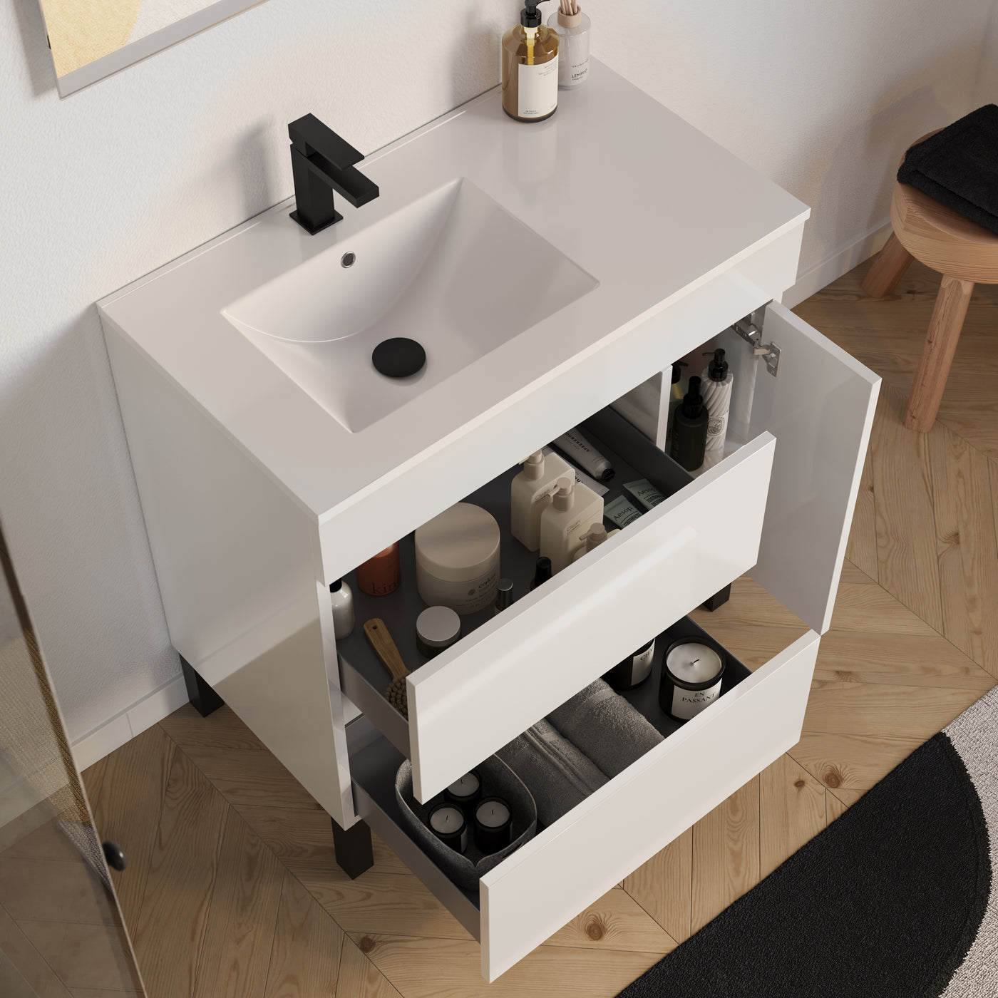 Meuble salle de bain LAZARO 80cm blanc vasque gauche vue dessus