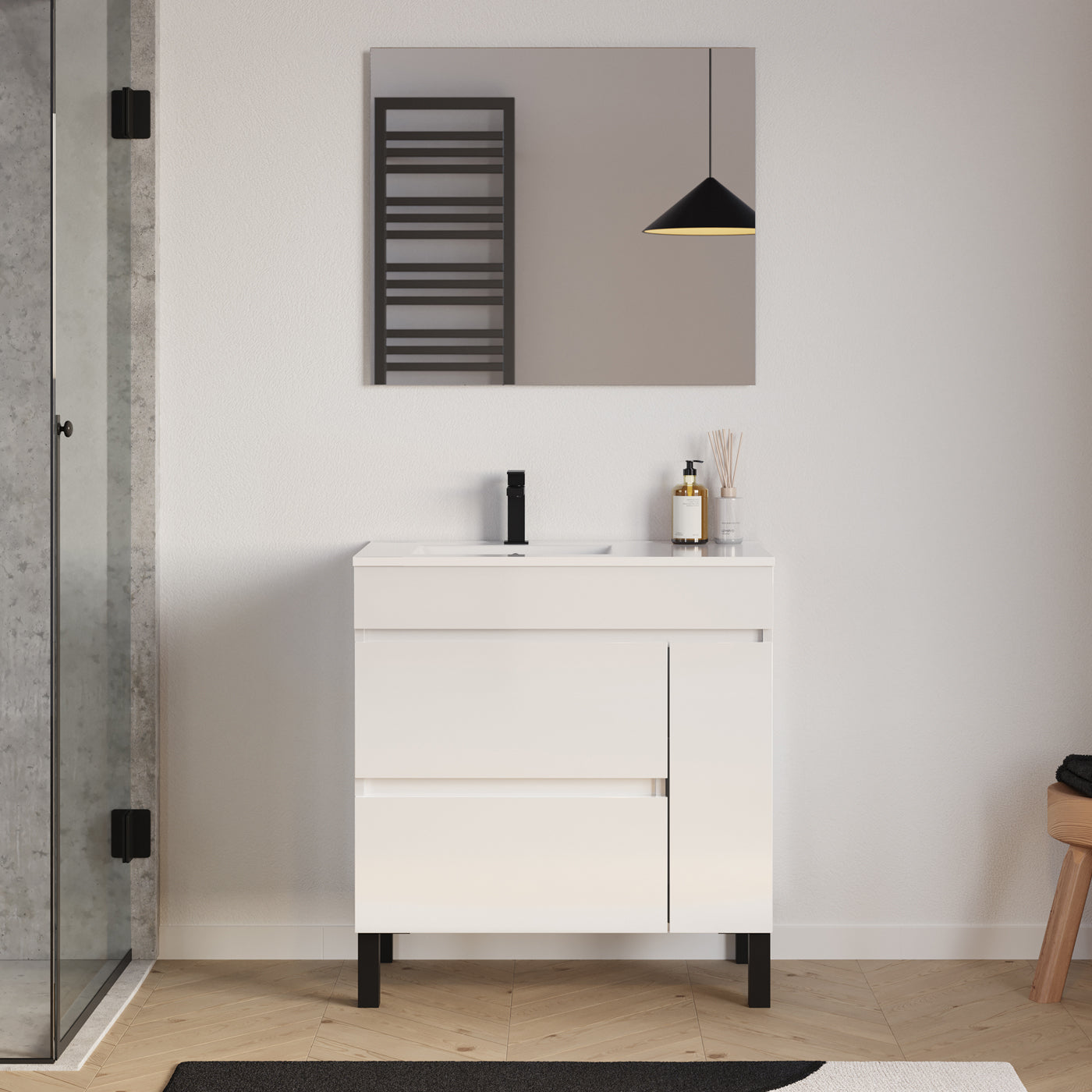 Meuble salle de bain LAZARO 80cm blanc vasque gauche et miroir