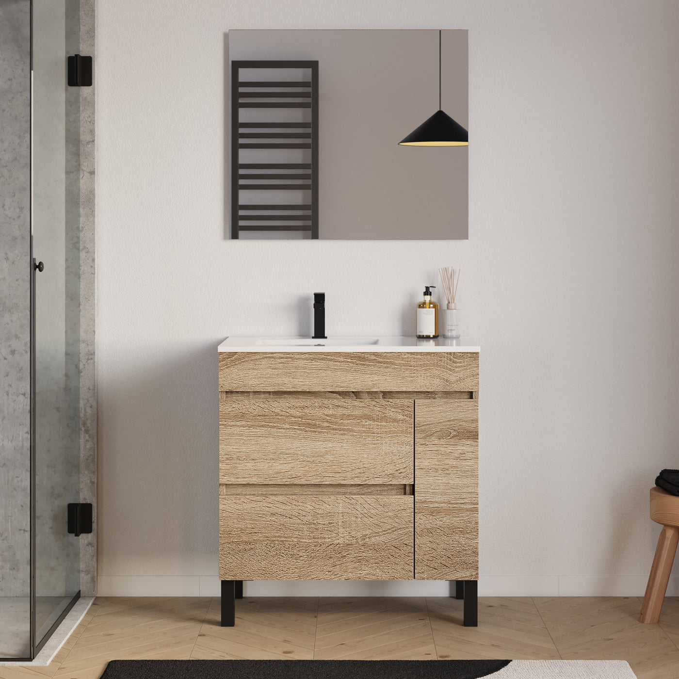 Meuble salle de bain LAZARO 80cm cambrian vasque gauche et miroir