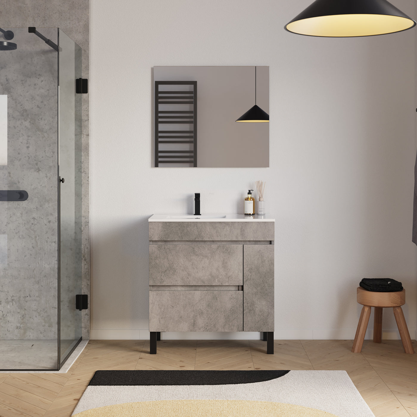 Scène Meuble salle de bain LAZARO 80cm ciment vasque gauche