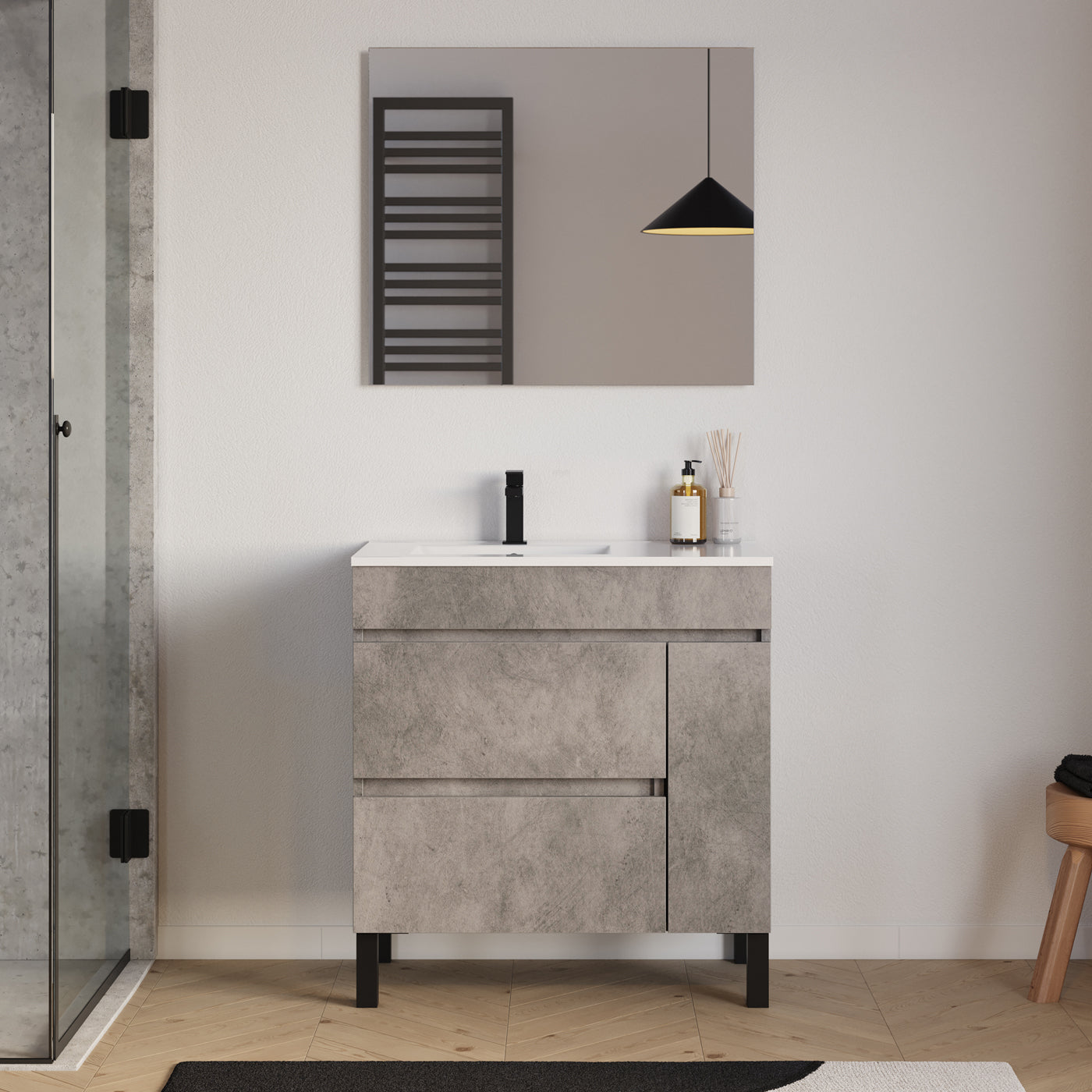 Meuble salle de bain LAZARO 80cm ciment vasque gauche et miroir