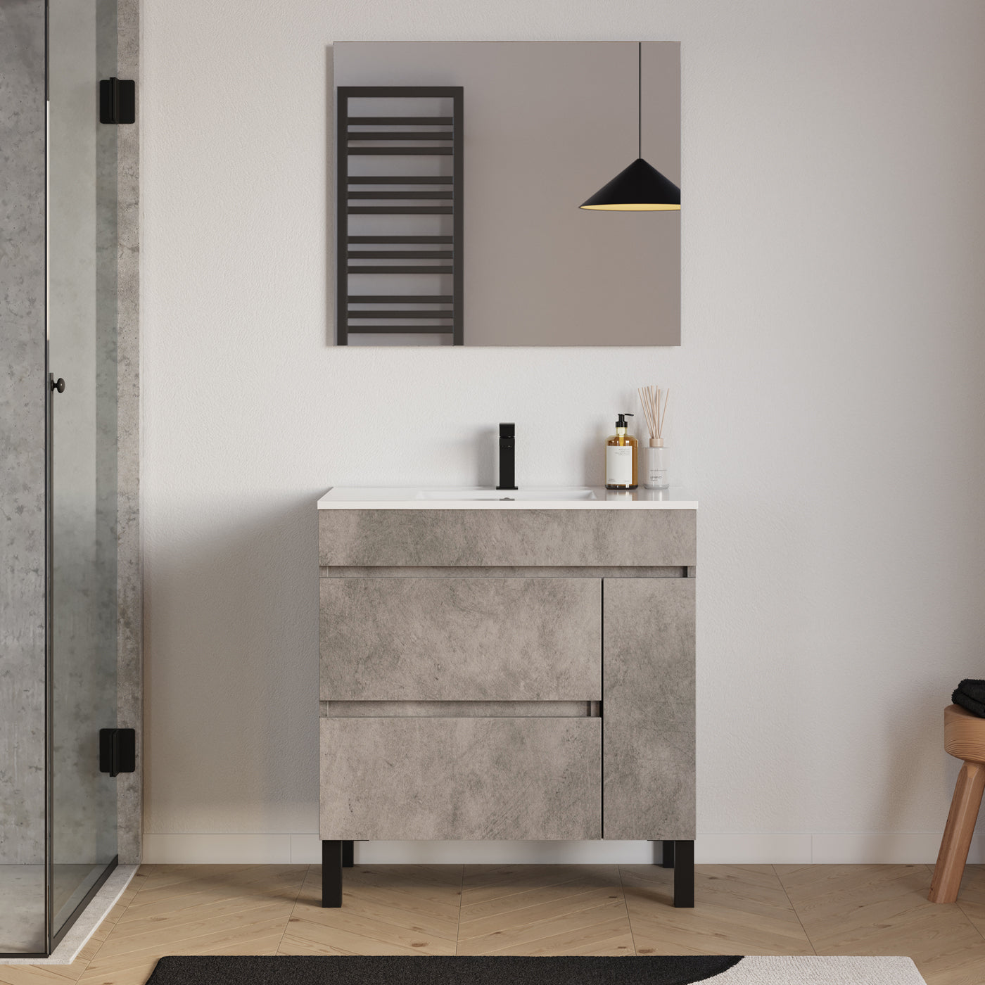Meuble salle de bain LAZARO 80cm ciment avec miroir