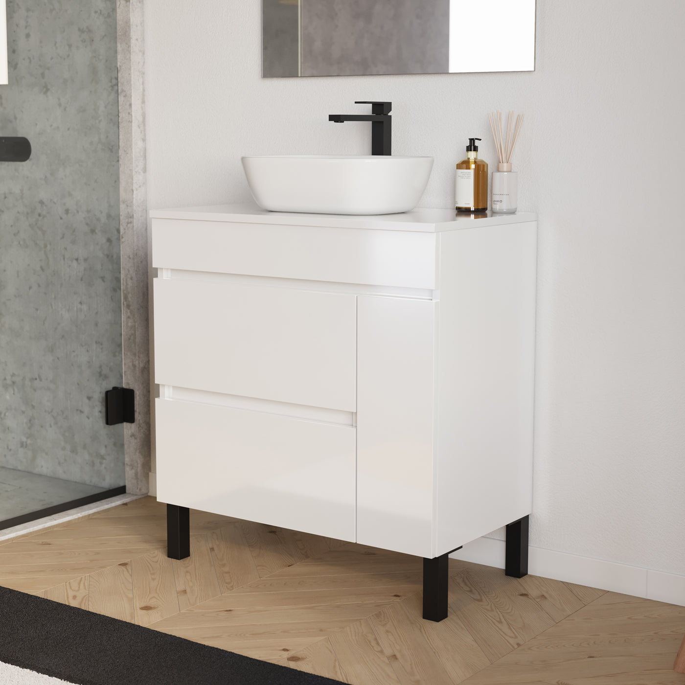 Meuble salle de bain LAZARO 80cm blanc vasque zeus vue profil