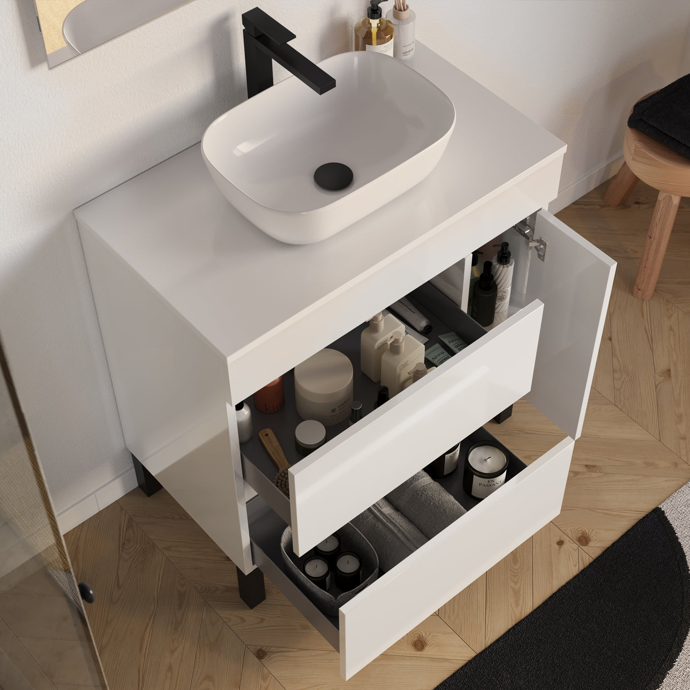Meuble salle de bain LAZARO 80cm blanc vasque zeus vue dessus