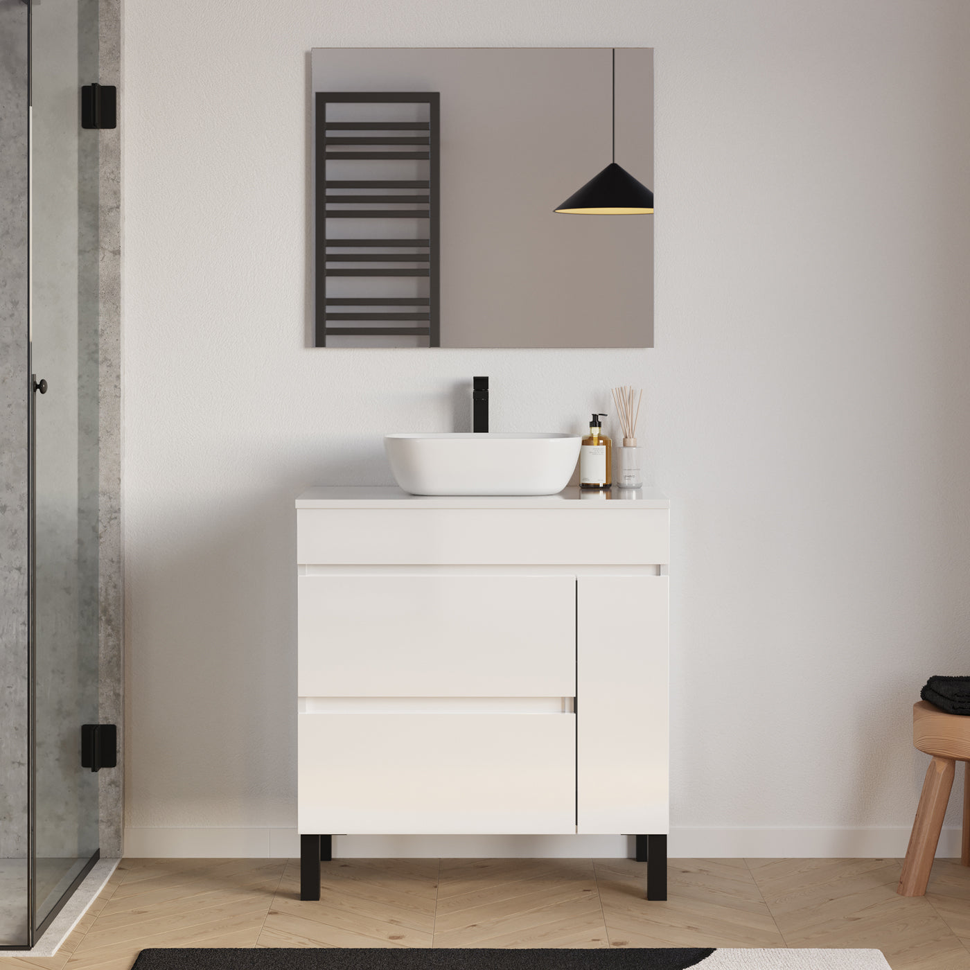 Meuble salle de bain LAZARO 80cm blanc avec vasque zeus miroir