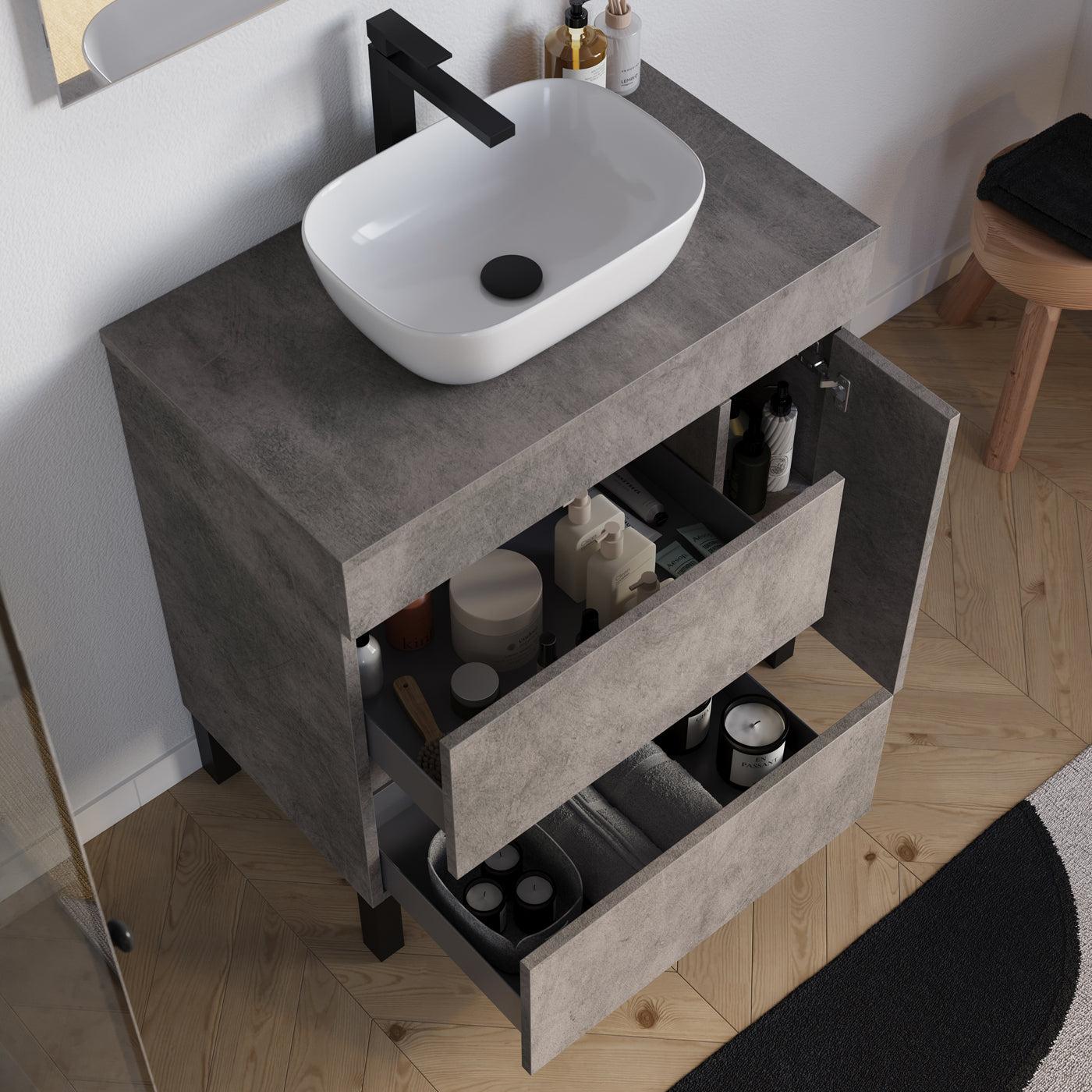 Meuble salle de bain LAZARO 80cm ciment vasque zeus vue dessus
