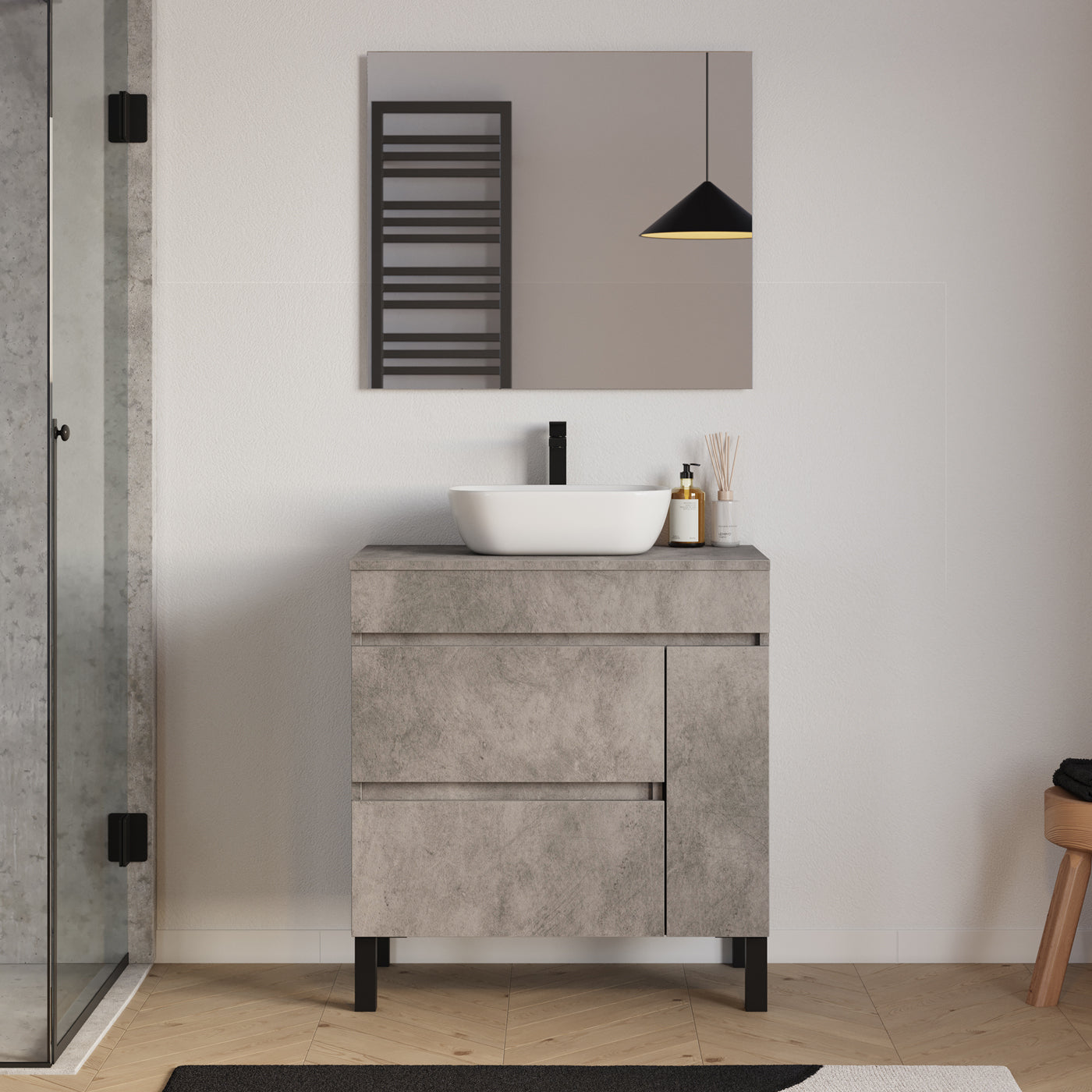 Meuble salle de bain LAZARO 80cm ciment avec vasque zeus miroir