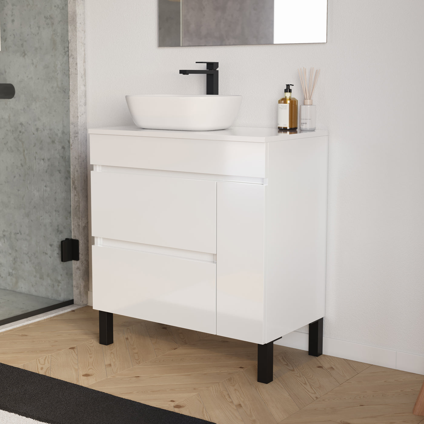 Meuble salle de bain LAZARO 80cm blanc vasque zeus gauche vue profil