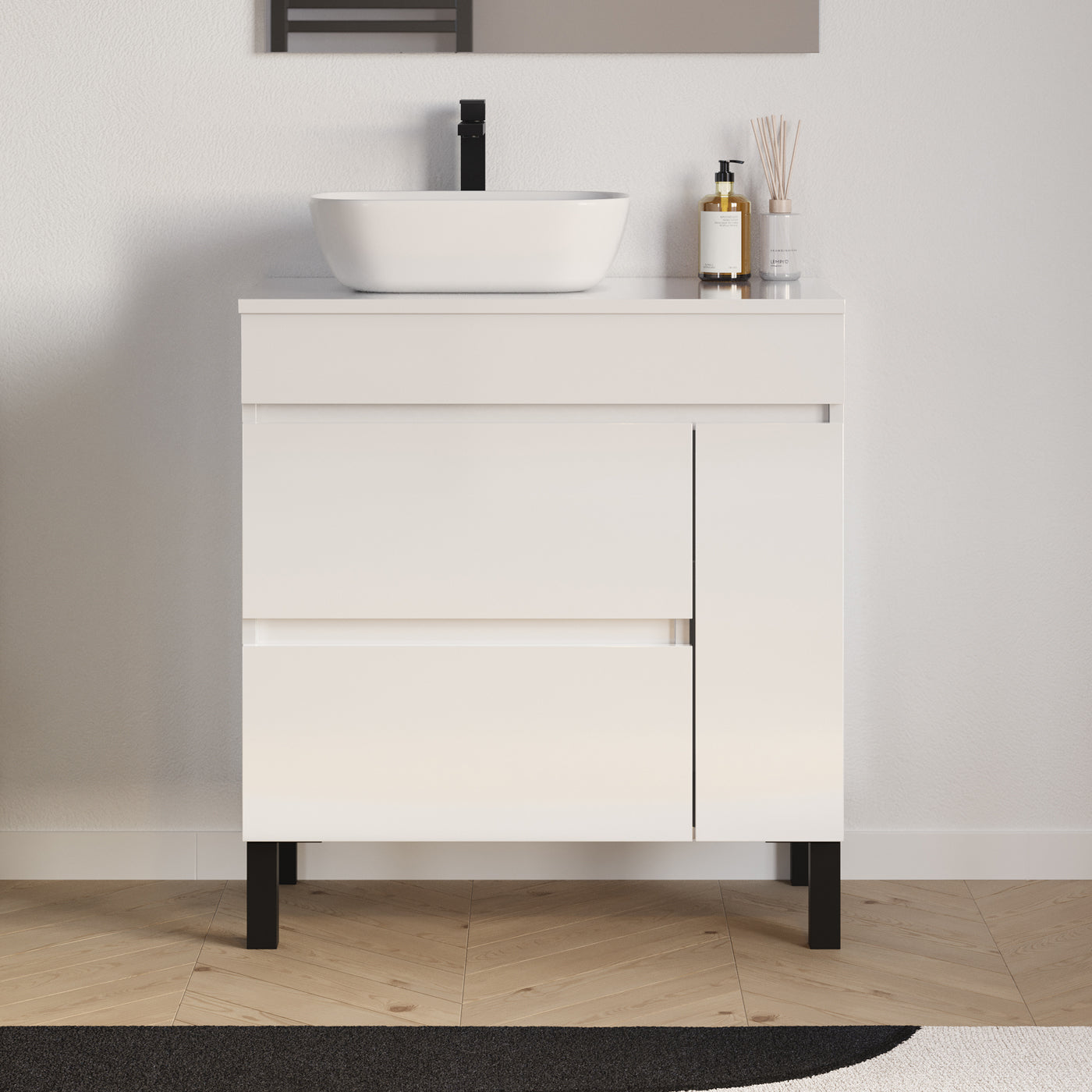 Meuble salle de bain LAZARO 80cm blanc avec vasque zeus gauche
