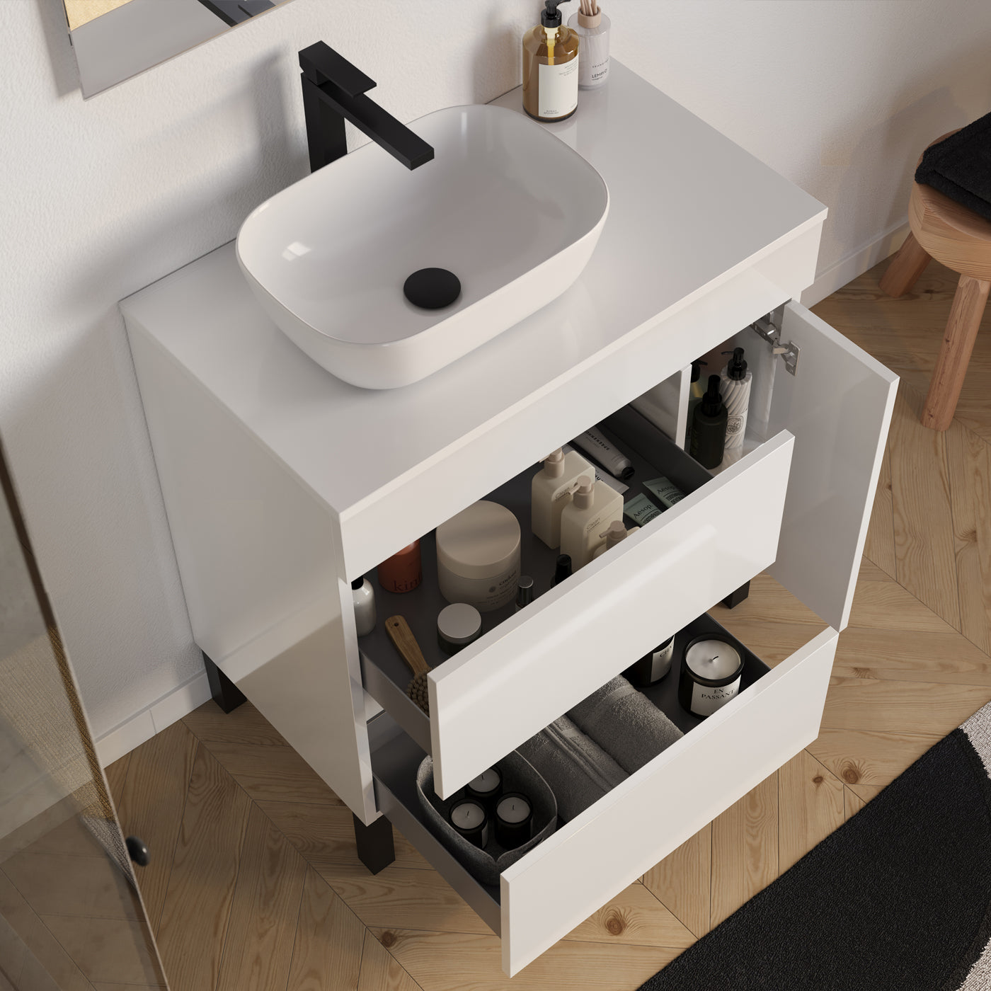 Meuble salle de bain LAZARO 80cm blanc vasque zeus gauche vue dessus