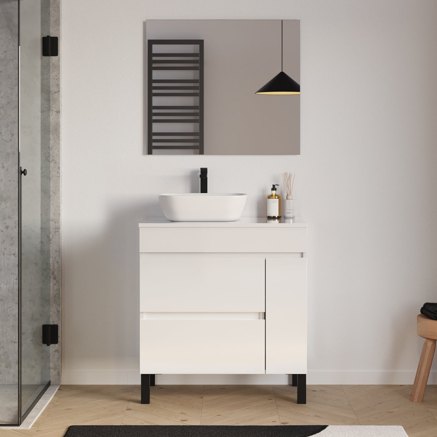 Meuble salle de bain LAZARO 80cm blanc avec vasque zeus gauche miroir