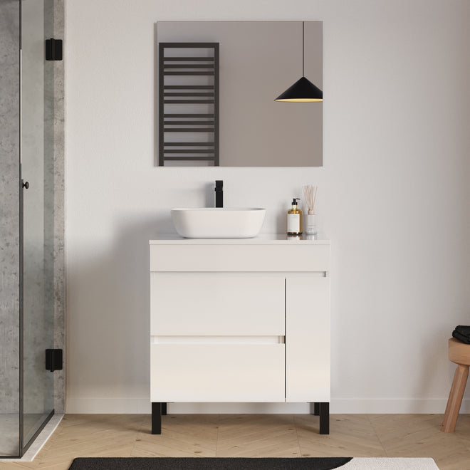 Meuble salle de bain LAZARO 80cm blanc avec vasque zeus gauche miroir