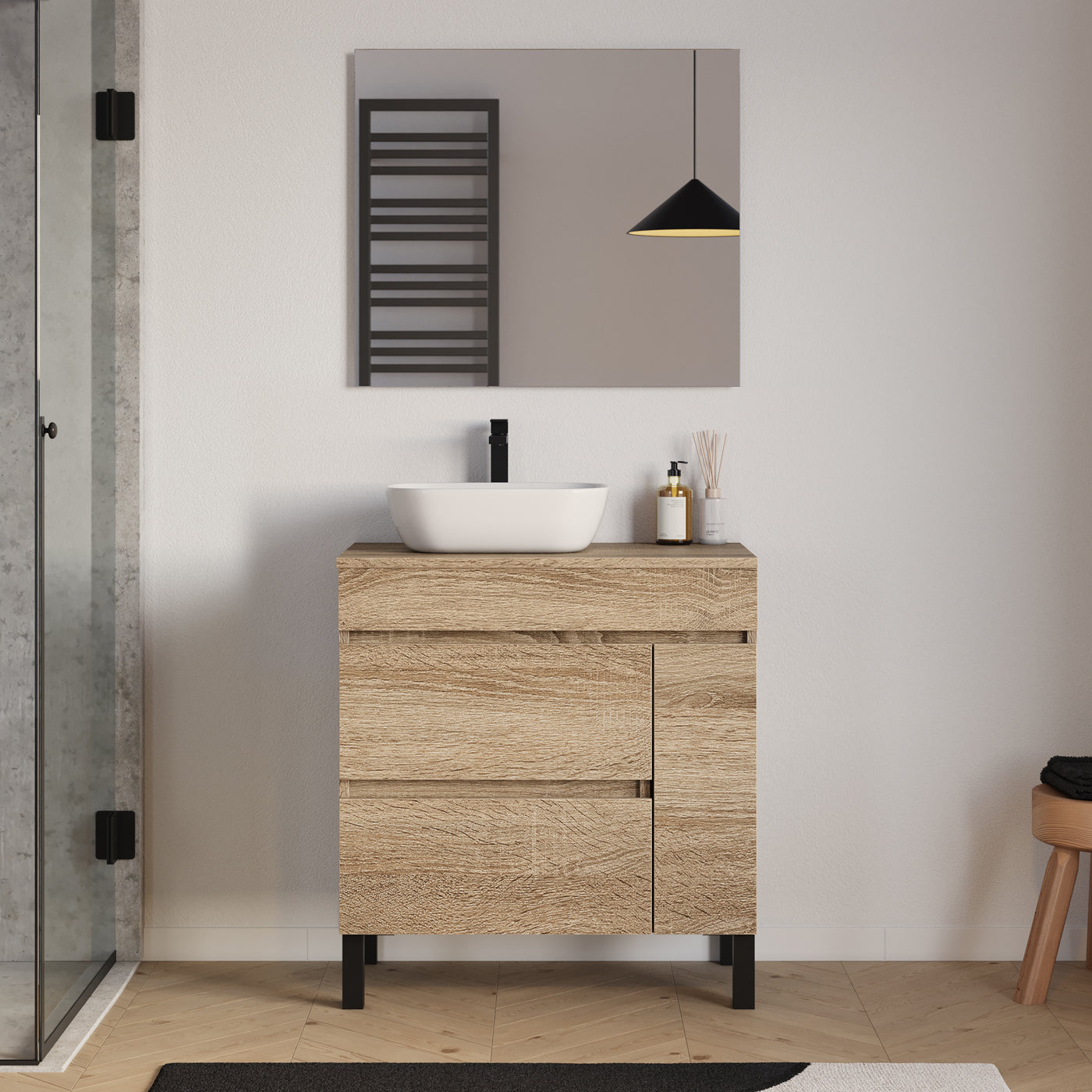 Meuble salle de bain LAZARO 80cm cambrian vasque zeus gauche miroir