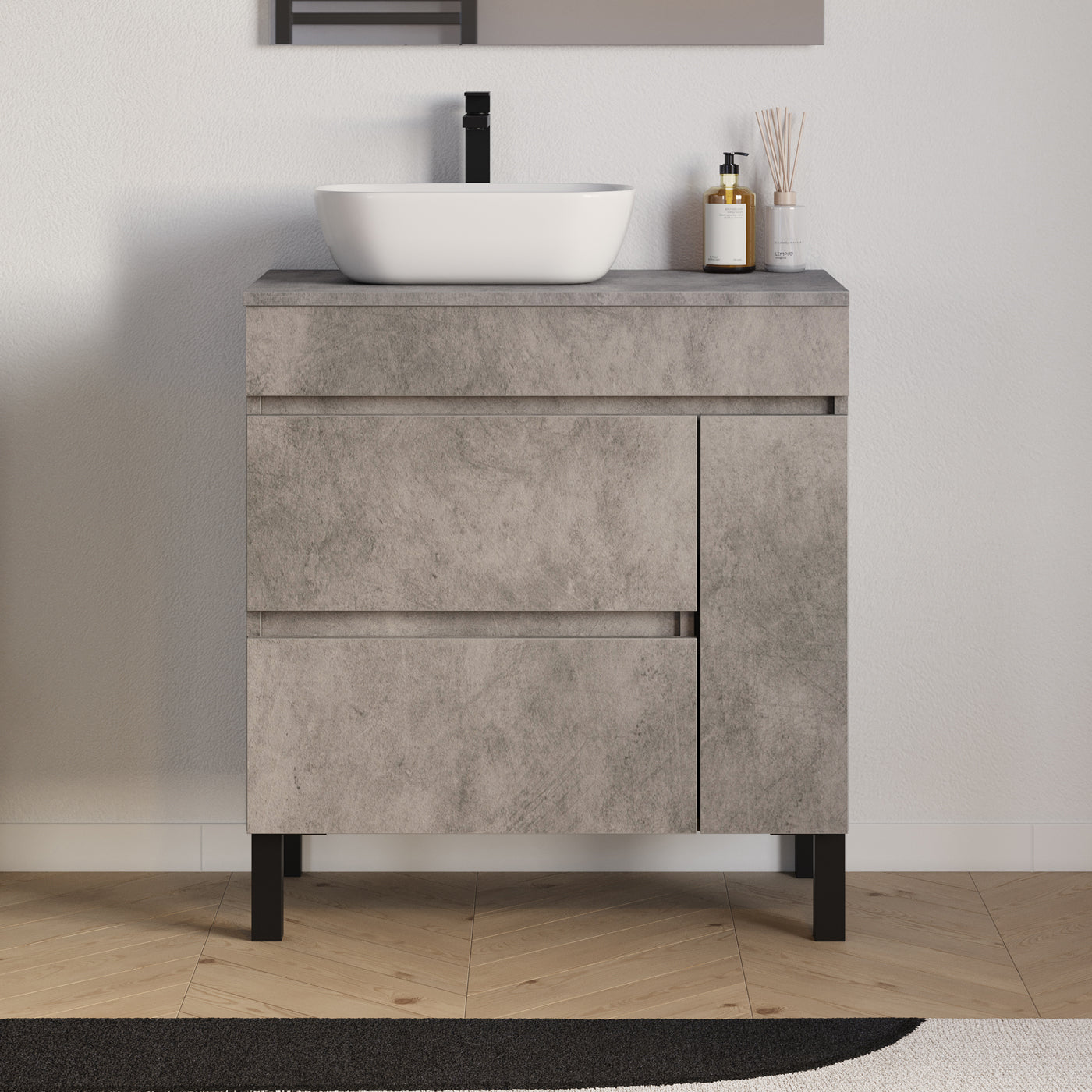 Meuble salle de bain LAZARO 80cm ciment avec vasque zeus gauche