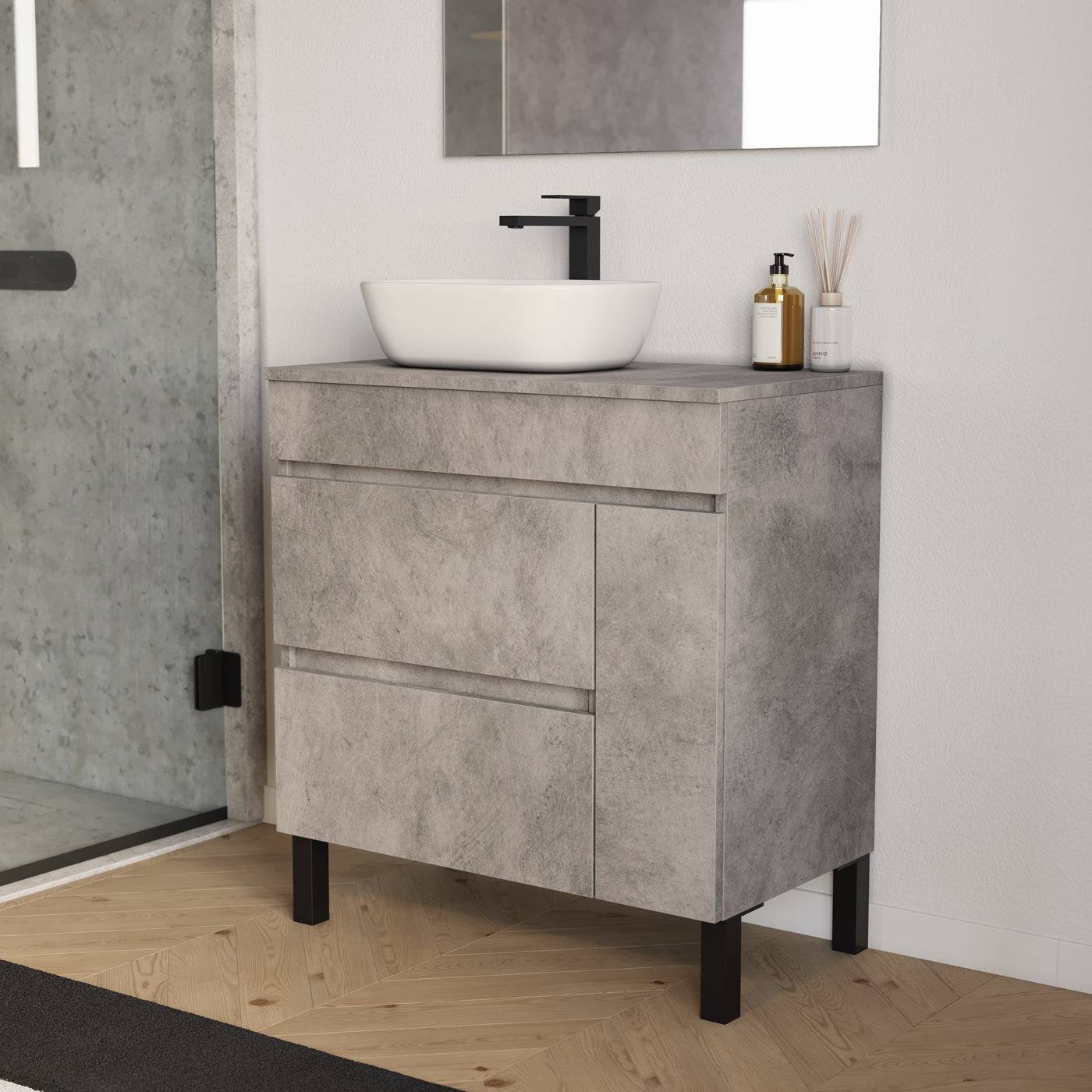 Meuble salle de bain LAZARO 80cm ciment vasque zeus gauche vue profil