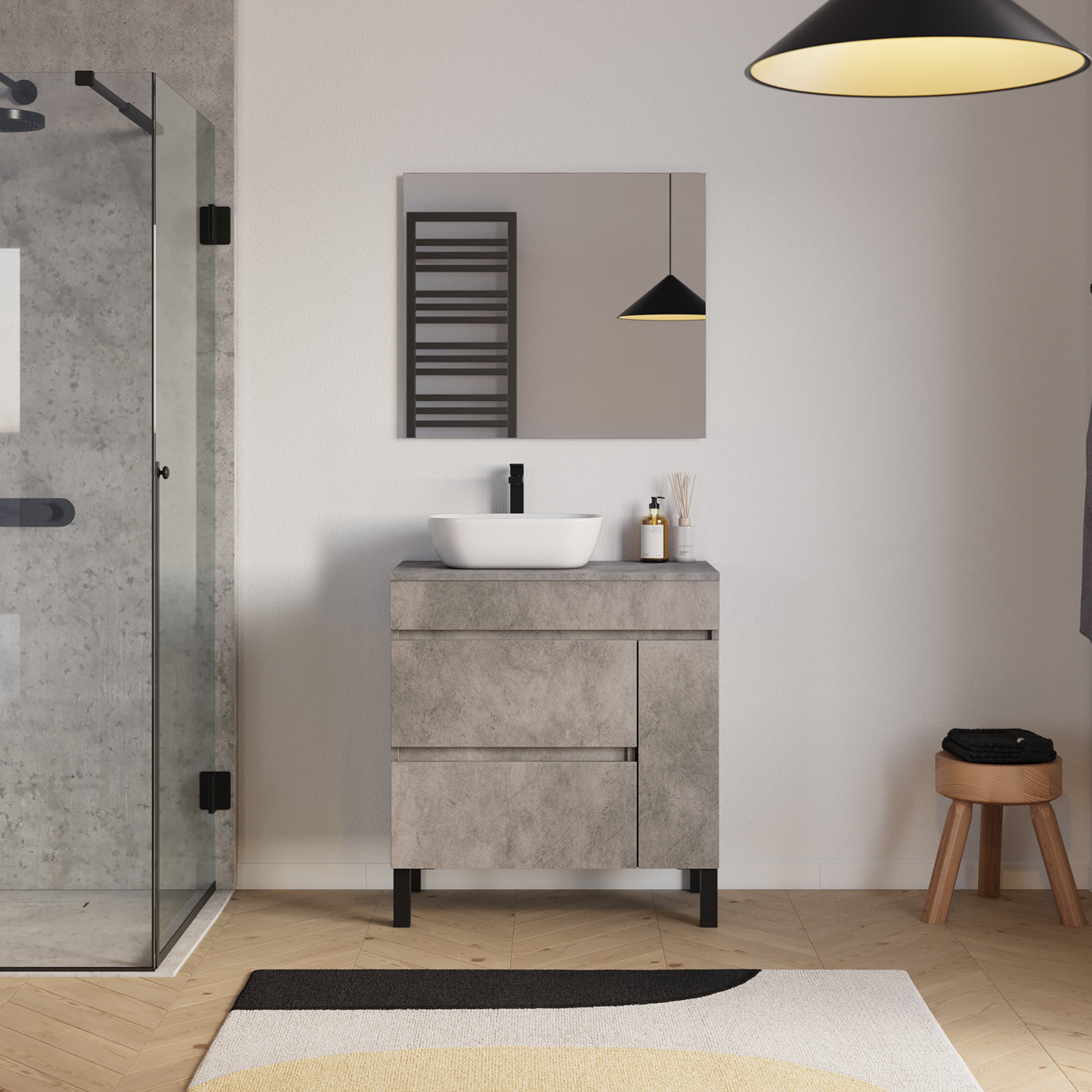 Meuble salle de bain LAZARO 80cm ciment vasque zeus gauche
