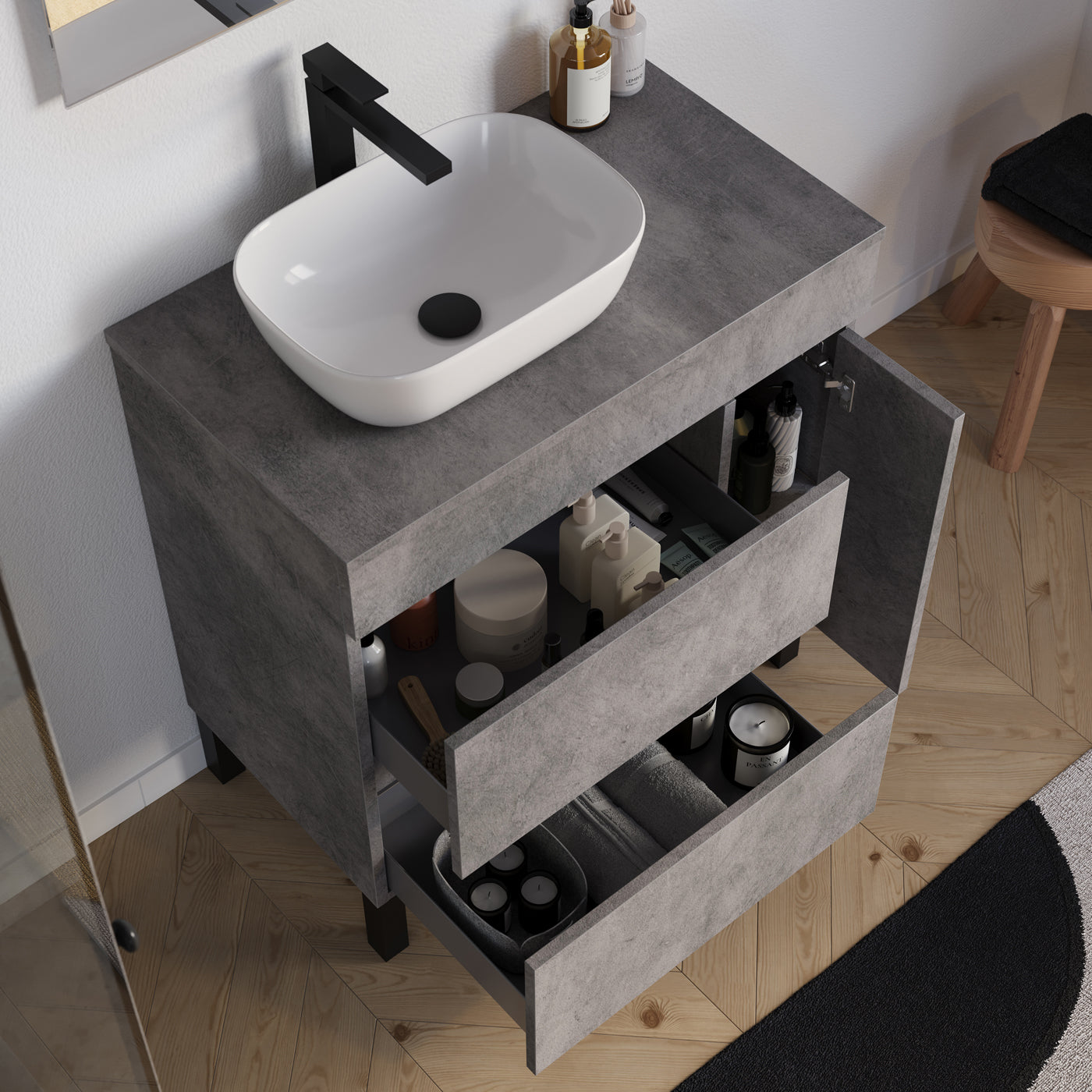 Meuble salle de bain LAZARO 80cm ciment vasque zeus gauche vue dessus