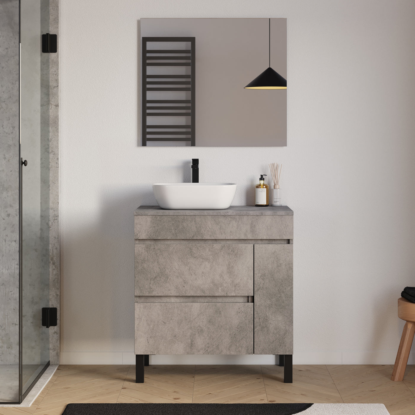 Meuble salle de bain LAZARO 80cm ciment avec vasque zeus gauche miroir