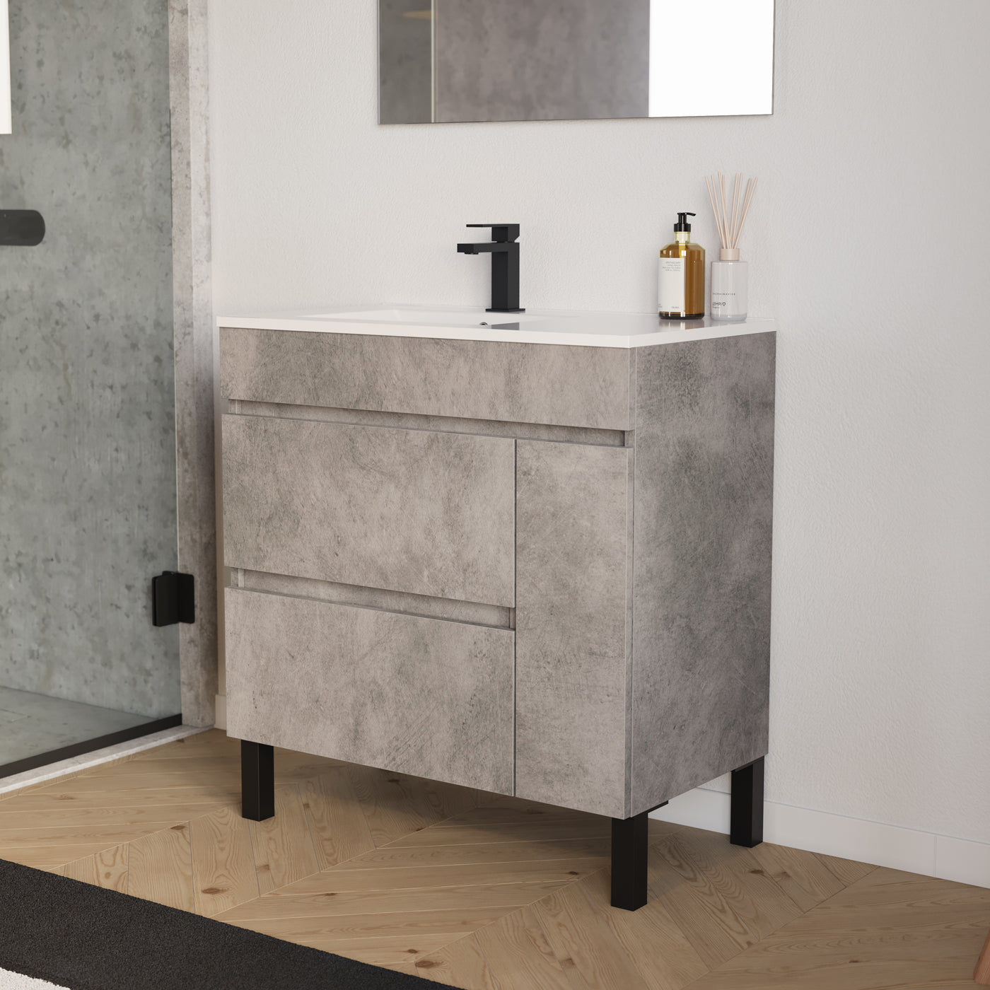 Meuble salle de bain LAZARO 80cm ciment vasque gauche vue profil