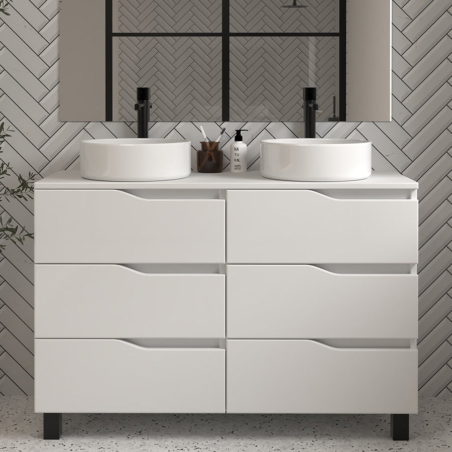 Meuble de salle de bain 120 avec plateau et 2 vasques à poser - 6 tiroirs - MATA