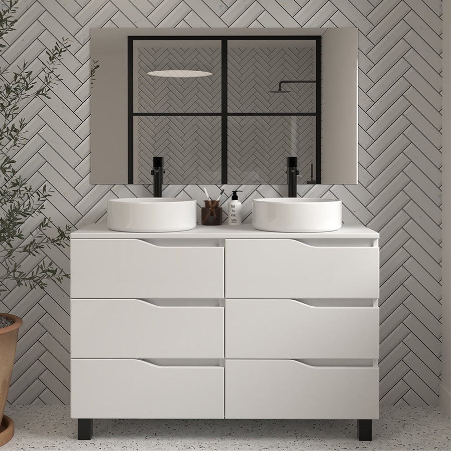 Meuble de salle de bain 120 avec plateau et 2 vasques à poser - 6 tiroirs - MATA