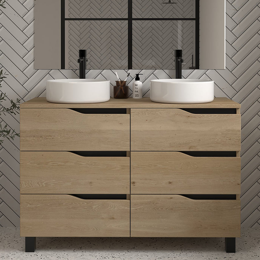 Meuble de salle de bain 120 avec plateau et 2 vasques à poser - 6 tiroirs - MATA