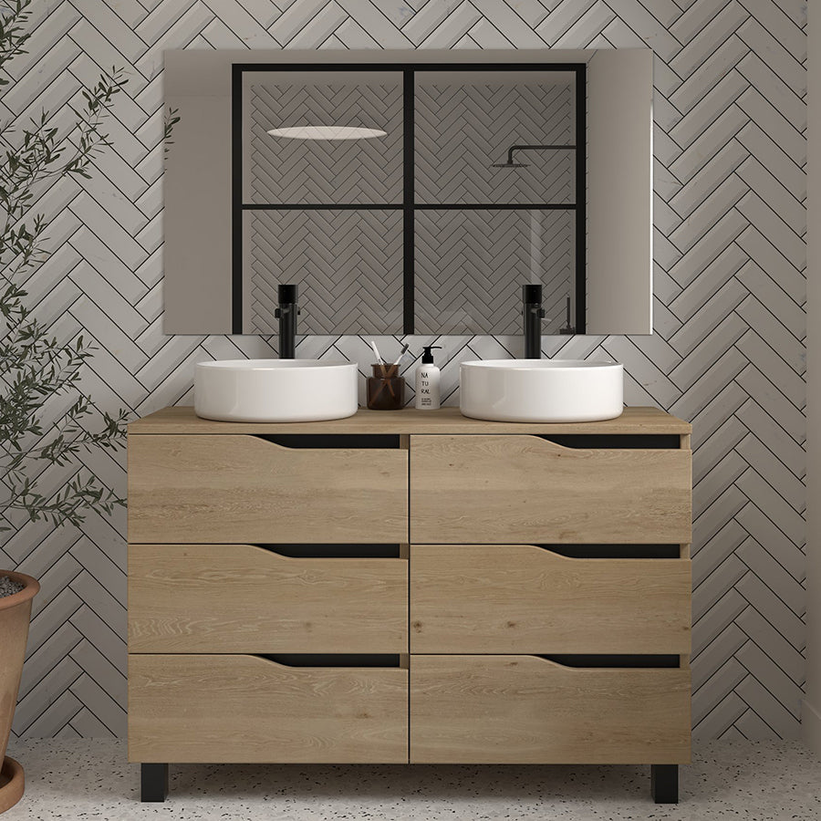 Meuble de salle de bain 120 avec plateau et 2 vasques à poser - 6 tiroirs - MATA