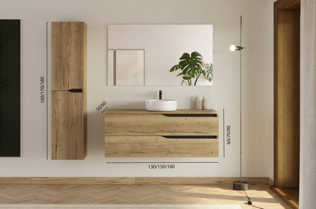Ensemble LUNA 2 tiroirs meuble + vasque ronde + colonne en miel