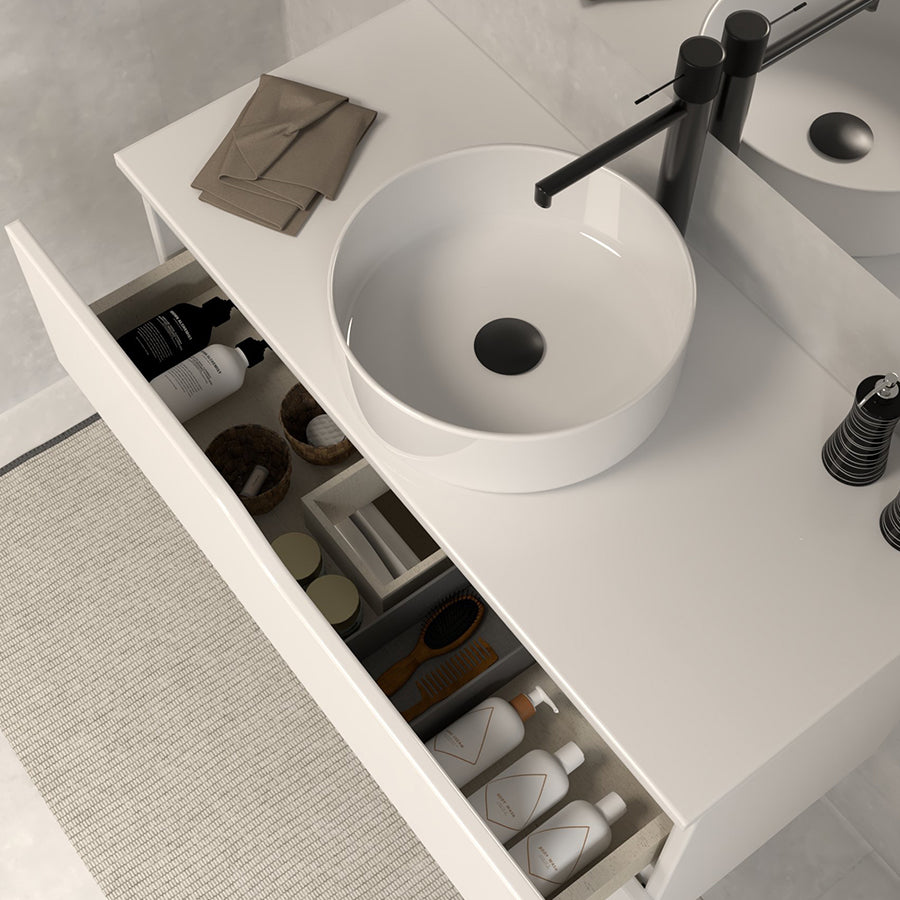 Meuble de salle de bain 60 avec plateau et vasque à poser - sans miroir - 2 tiroirs - LUNA