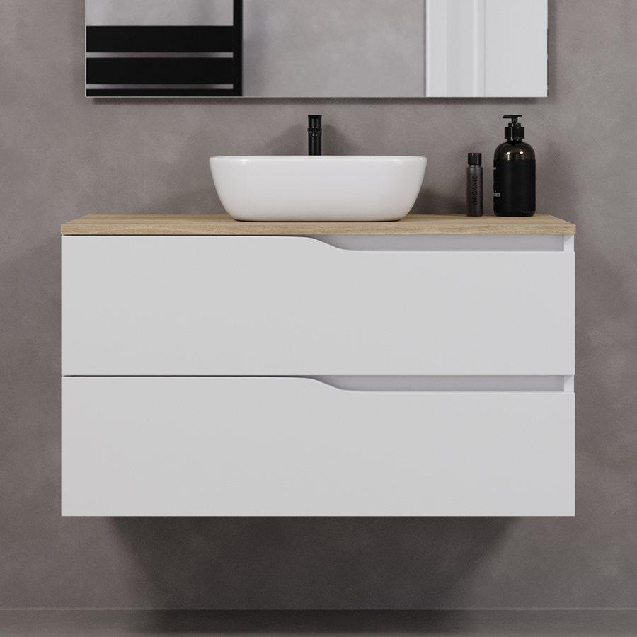 Meuble de salle de bain Luna 100 cm vasque zeus blanc plateau miel sans miroir