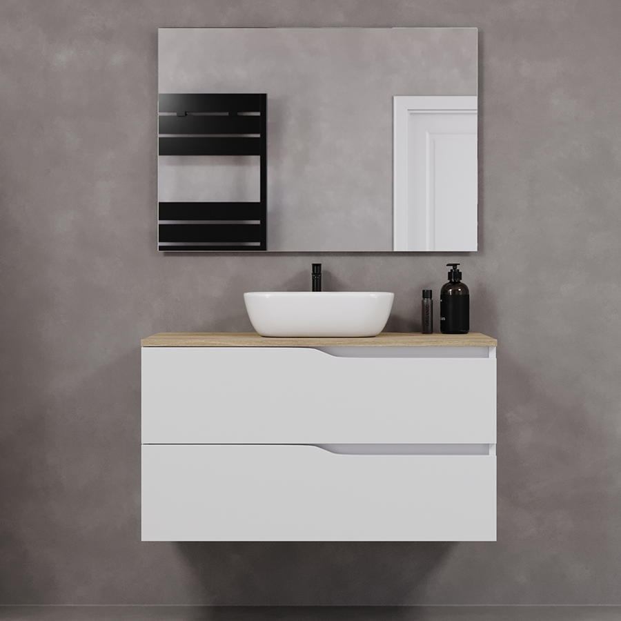 Meuble de salle de bain Luna 100 cm vasque zeus blanc plateau miel