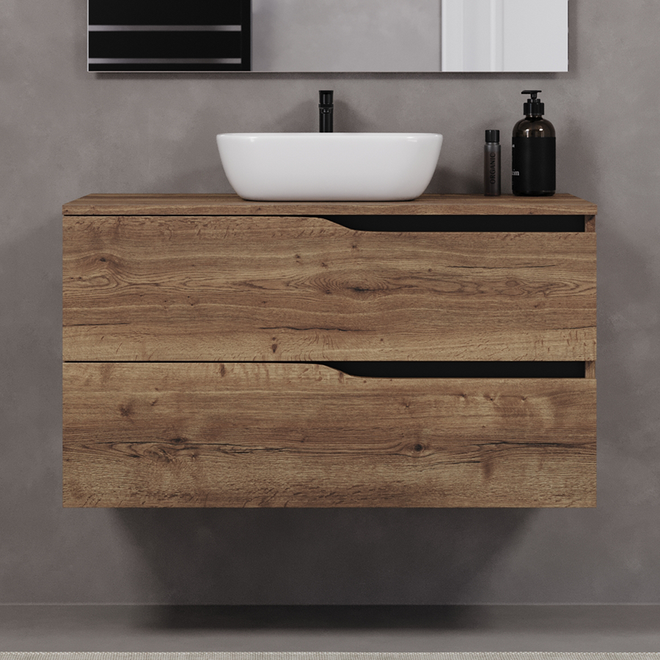 Meuble de salle de bain 100cm avec plateau et vasque à poser zeus - sans miroir - 2 tiroirs - LUNA