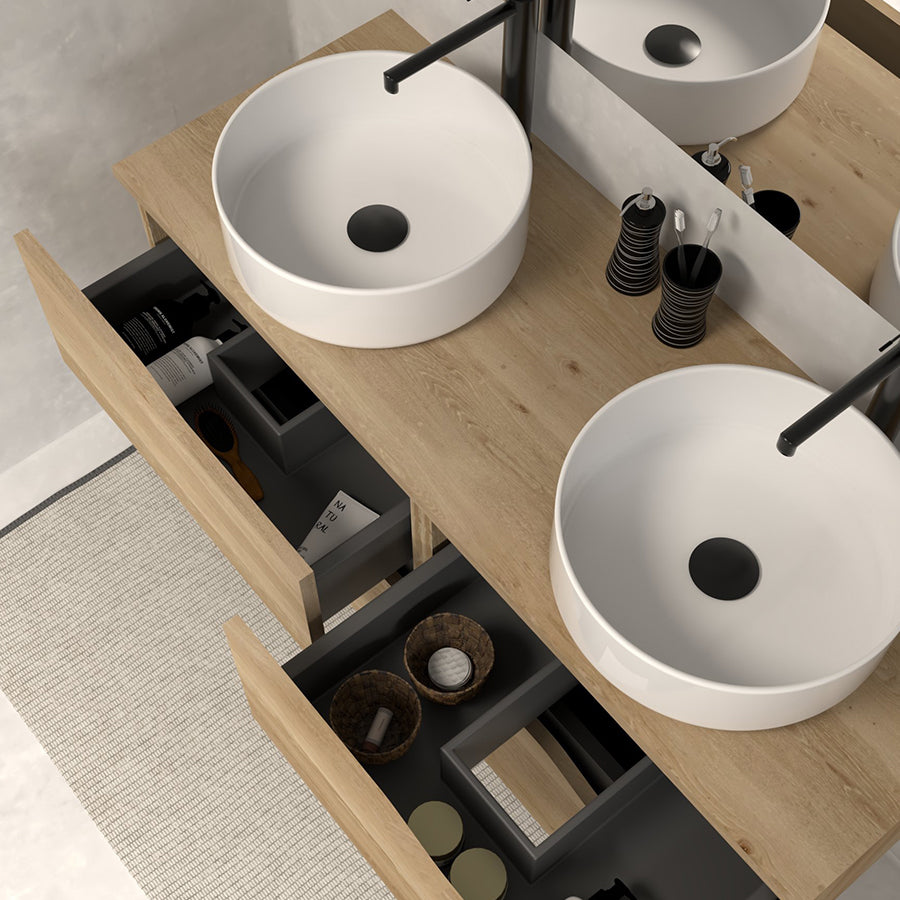 Meuble de salle de bain 120 avec plateau et 2 vasques à poser - 4 tiroirs - LUNA