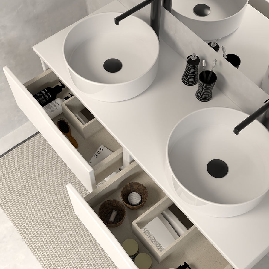 Meuble de salle de bain 120 avec plateau et 2 vasques à poser - 4 tiroirs - LUNA