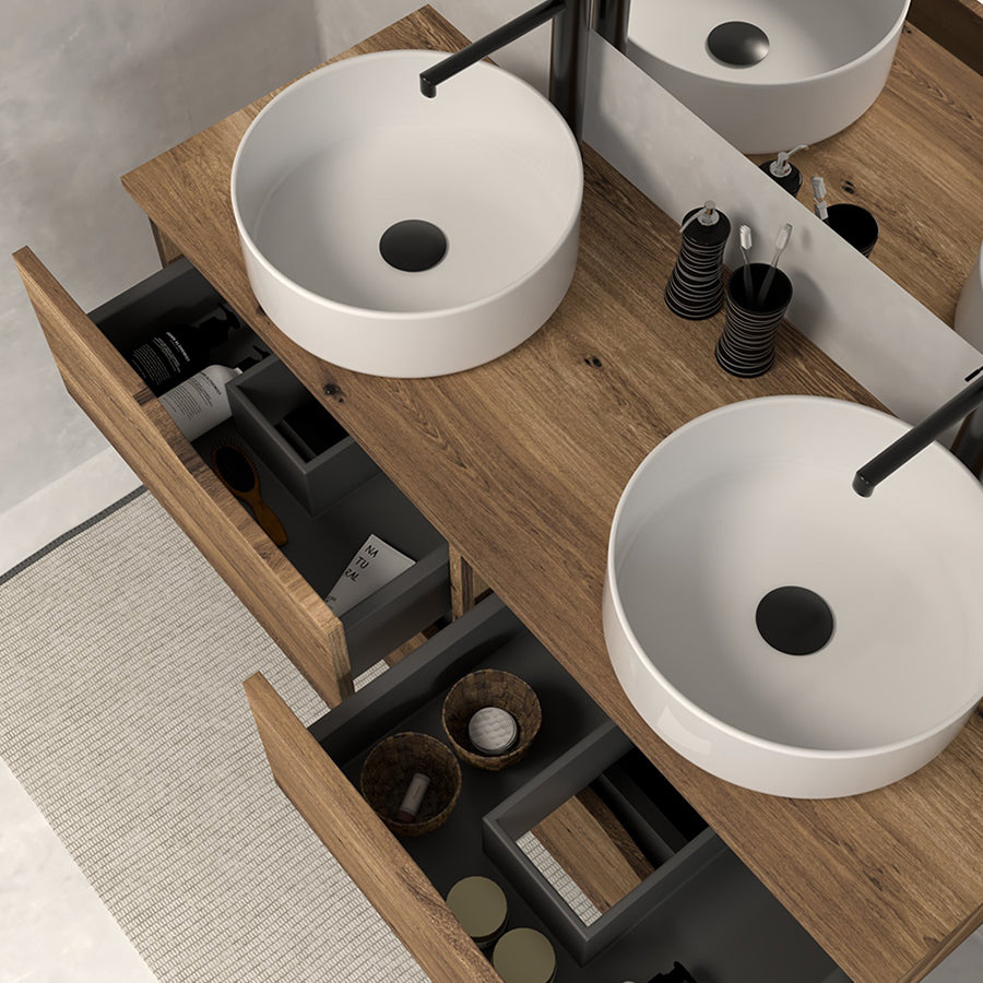 Meuble de salle de bain 120 avec plateau et 2 vasques à poser - 4 tiroirs - LUNA