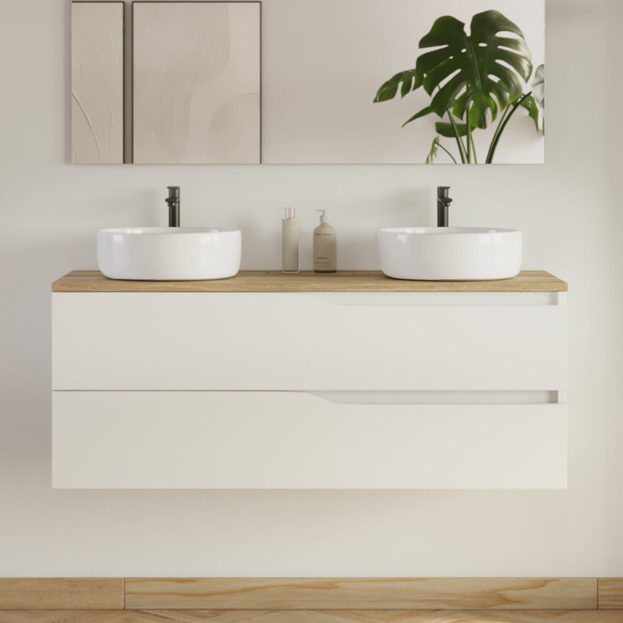 Meuble de salle de bain 120cm avec plateau et 2 vasques à poser Ares - 2 tiroirs - LUNA