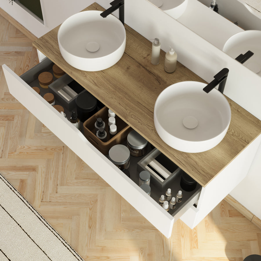Meuble de salle de bain 120cm avec plateau et 2 vasques à poser Ares - 2 tiroirs - LUNA