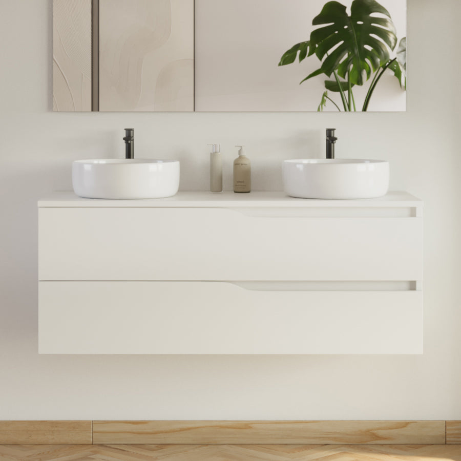 Meuble de salle de bain 120cm avec plateau et 2 vasques à poser Ares - 2 tiroirs - LUNA