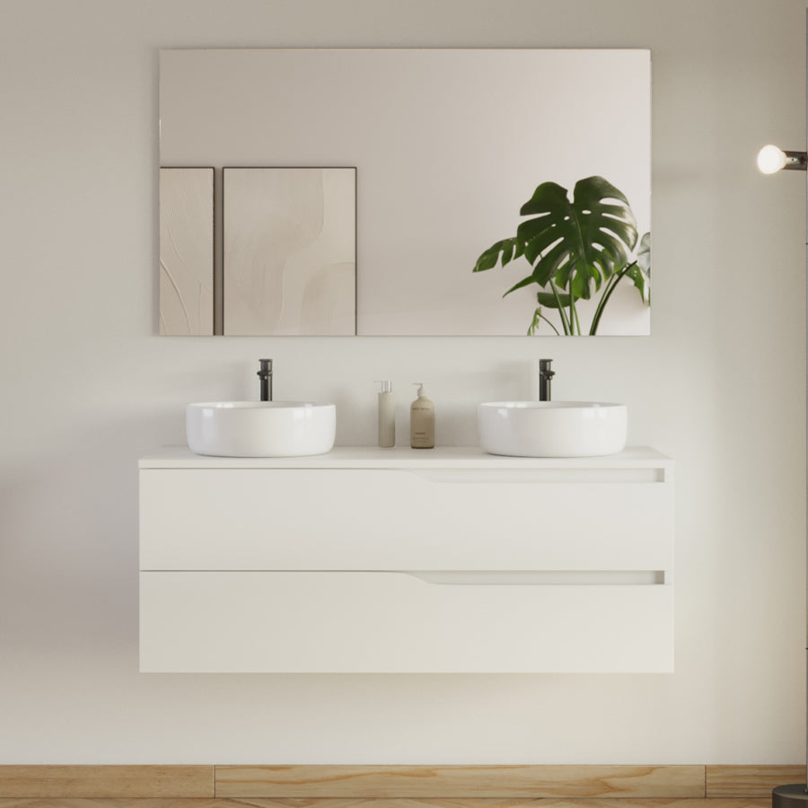 Meuble de salle de bain 120cm avec plateau et 2 vasques à poser Ares - 2 tiroirs - LUNA