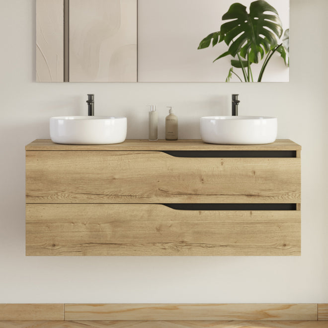 Meuble de salle de bain 120cm avec plateau et 2 vasques à poser Ares - sans miroir - 2 tiroirs - LUNA