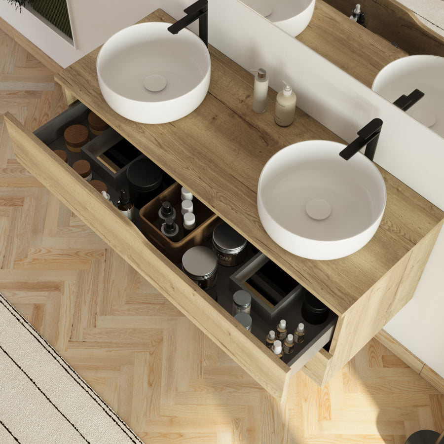 Meuble de salle de bain 120cm avec plateau et 2 vasques à poser Ares - 2 tiroirs - LUNA