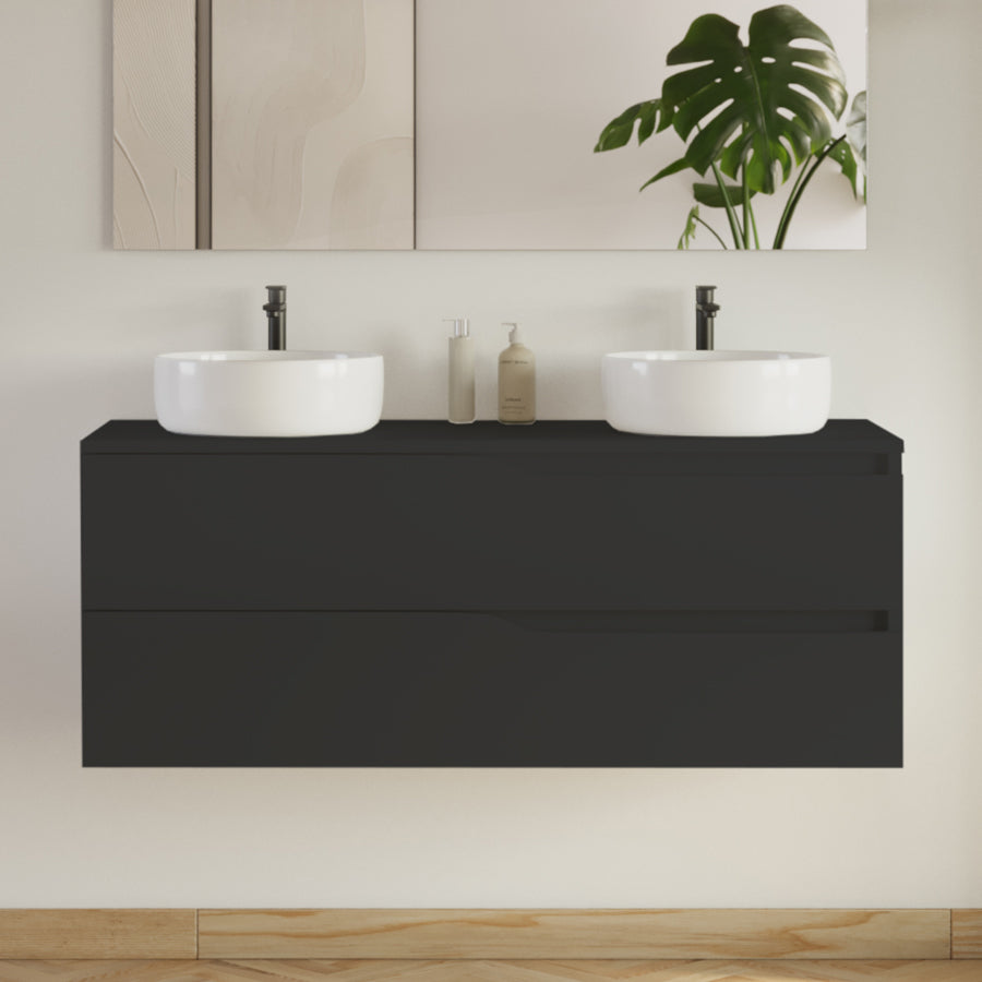 Meuble de salle de bain 120cm avec plateau et 2 vasques à poser Ares - 2 tiroirs - LUNA