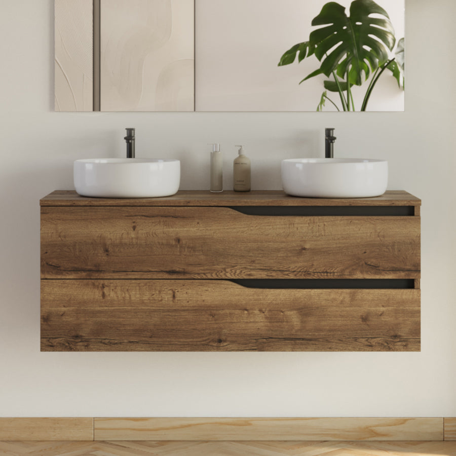 Meuble de salle de bain 120cm avec plateau et 2 vasques à poser Ares - 2 tiroirs - LUNA